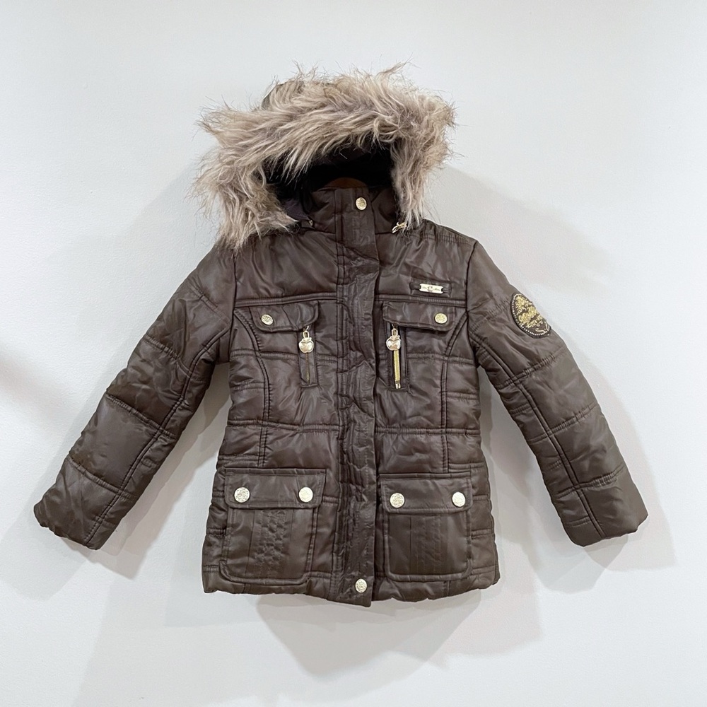 Vintage Apple Bottoms Brown Puffer Jacket with Faux Fur Zip Button, Girls 5-6Y